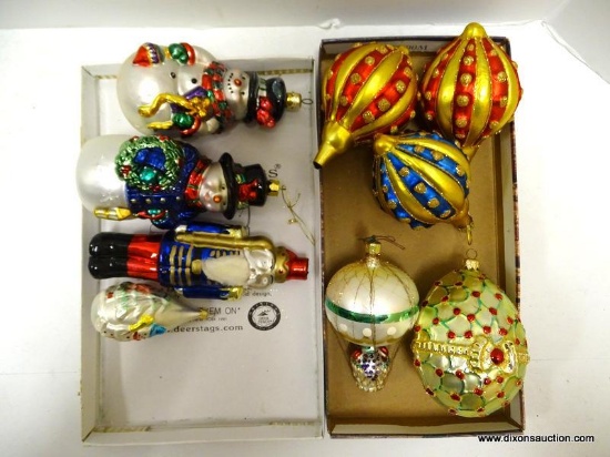 (BR) TRAY LOT OF GLASS ORNAMENTS; 9 PIECE LOT OF ASSORTED GLASS ORNAMENTS TO INCLUDE 2 SNOWMEN, A