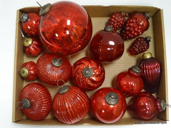 (BR) LOT OF RED MERCURY GLASS ORNAMENTS; 16 PIECE LOT OF ASSORTED RED, MERCURY GLASS ORNAMENTS TO