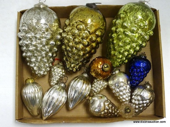 (BR) LOT OF MERCURY GLASS ORNAMENTS; 14 PIECE LOT OF ASSORTED MERCURY GLASS ORNAMENTS OF VARYING