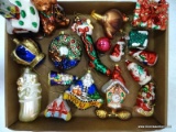 (LWALL) TRAY LOT OF ASSORTED GLASS ORNAMENTS; 18 PIECE LOT TO INCLUDE INCLUDE A SCHOOLHOUSE, A TEDDY