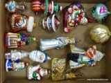 (BWALL) TRAY LOT OF ASSORTED GLASS ORNAMENTS; 16 PIECE LOT TO INCLUDE A MITTEN, SANTA ON A TRIKE, A