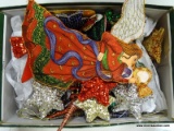 (BWALL) LOT OF ASSORTED ORNAMENTS; SHOE BOX FULL OF ASSORTED, SEQUIN, YARN, AND BEADED ORNAMENTS.