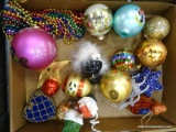 (R4) TRAY LOT OF ASSORTED ORNAMENTS; LOT TO INCLUDE 9 GLASS BALL ORNAMENTS, A CAMEL, A MACHETE