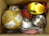 (R3) BOX LOT OF ASSORTED CHRISTMAS ORNAMENTS; LOT TO INCLUDE 6 BEAD AND FABRIC COVERED GLASS BALL