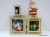 (R3) LOT OF ASSORTED CHRISTMAS DECORATIONS; 4 PIECE LOT TO INCLUDE A SANTA PLANTER, A SANTA GLASS