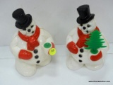 (R3) PAIR OF VINTAGE SNOWMEN PLASTIC DECORATIONS WITH A SLOT IN THE BACK FOR WIRING A LAMP. MEASURES