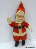 (R3) VINTAGE SANTA DOLL WITH WOOL SUIT AND A PLASTIC BELT, BOOTS, MITTENS, AND FACE. MEASURES 20