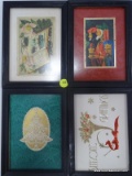 (R3) LOT OF [4] FRAMED CHRISTMAS CARDS TO INCLUDE A VINTAGE XMAS GREETINGS POSTCARD, A SEASON'S