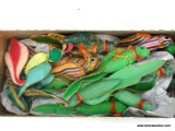 (R2) BOX LOT OF ASSORTED BIRD ORNAMENTS; SHOE BOX FULL OF FABRIC BIRD ORNAMENTS AND A STAINED GLASS