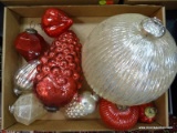 (R2) TRAY LOT OF MERCURY GLASS ORNAMENTS; 9 PIECE LOT TO INCLUDE A LARGE RIBBED GLASS BALL ORNAMENT,