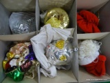 (R1) BOX LOT OF ASSORTED ORNAMENTS; 6 PIECE LOT TO INCLUDE A SEQUINED APPLE, A GERMAN GLASS BULLDOG,