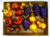 (BR) LOT OF GLASS FRUIT ORNAMENTS; 16 PIECE LOT OF GLASS, FRUIT SHAPED ORNAMENTS TO INCLUDE 4 GRAPE