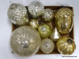 (BR) TRAY LOT OF MERCURY GLASS ORNAMENTS; 10 PIECE LOT TO INCLUDE 2 LARGER ACORN SHAPED ORNAMENTS, 3