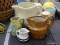 (TABLES) LOT OF VINTAGE POTTERY ART PITCHERS AND A SEASON SHAKER; 5 PIECE LOT TO INCLUDE SMALL