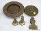 (TABLES) LOT OF BRASS AND BRONZE ITEMS; 5 PIECE LOT TO INCLUDE A BRONZE DECORATIVE CLAMP, A PAIR OF
