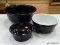 (TABLES) LOT OF LARGE BLACK BOWLS AND A COVERED DISH; 3 PIECE LOT TO INCLUDE A HALL 7.5