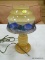 (TABLES) REVERSE ART GLASS TABLE LAMP AND SHADE; YELLOW-ORANGE PAINTED HONEY SPOON SHAPED TABLE LAMP