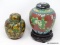 (RFRT) CLOISONNE LOT; 2 CLOISONNE GINGER JARS- 5.5 IN H AND WITH ROSEWOOD STAND- 8.5 IN H