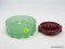 (RFRT) VINTAGE SNUF-A-RETTE REDDISH PINK PORCELAIN ASH TRAY AND A GREEN, FROSTED GLASS BOWL WITH 12