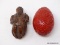 (RFRT) CINNABAR CARVED ORIENTAL EGG AND A HAND CARVED WOODEN TRAVELING MAN FIGURINE TRINKET BOX WITH