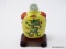 (RFRT) CHINESE, YELLO PORCELAIN SNUFF BOTTLE WITH FOO DOGS ON THE SHOULDERS AND A GREEN DRAGON