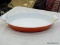 (RFRT) RED ENAMEL CAST IRON, OVAL CASSEROLE BAKING DISH WITH 2 HANDLES. MEASURES 15.25