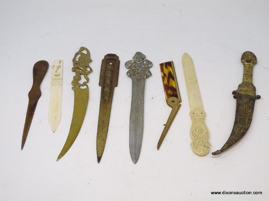 (RFRT) LETTER OPENERS; LOT OF VINTAGE LETTER OPENERS- 3 BRASS, COPPER ADVERTISING, ART NOUVEAU