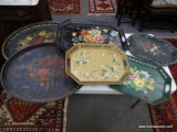 (TABLES) LOT OF TOLE PAINTED METAL TRAYS; 6 PIECE LOT OF ASSORTED TOLE PAINTED METAL TRAYS WITH