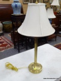 (TABLES) BRASS TABLE LAMP; CANDLESTICK STYLE, POLISHED BRASS TABLE LAMP WITH A CREAM BELL SHAPED