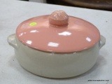 (TABLES) MCCOY COVERED CASSEROLE DISH WITH A PINK LID, PINK INTERIOR, AND 2 HANDLES. HAS AN 8.5
