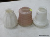 (TABLES) LOT OF UPWARD LAMP SHADES; 3 PIECE LOT TO INCLUDE A PINK TONED GLASS SHADE AND 2 MILK GLASS