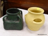 (TABLES) YELLOW POTTERY ART PLANTER WITH 3 HOLES ON THE SIDE FOR SMALLER PLANTS. HAS LEAF DETAILING
