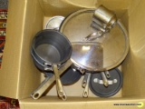 (TABLES) BOX LOT OF ASSORTED COOKWARE; BOX TO INCLUDE A PAIR OF CALPHALON 1 QT SAUCE PANS, A SKILLET