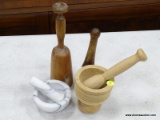 (TABLES) LOT OF MORTARS AND PESTLES; 6 PIECE LOT TO INCLUDE A WOODEN MORTAR AND PESTLE, A WHITE