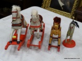 (TABLES) LOT OF HORSE FIGURINES; 4 PIECE LOT TO INCLUDE A HORSE CAROUSEL FIGURINE, A TOY ROCKING