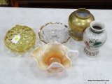 (TABLES) LOT OF VASES, NUT DISHES, AND GRAVY BOAT; 5 PIECE LOT TO INCLUDE A DUGAN PEACH CARNIVAL