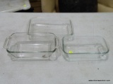 (TABLES) LOT OF CASSEROLE DISHES; 3 PIECE LOT TO INCLUDE A RECTANGULAR GLASBAKE RECTANGULAR LOAF