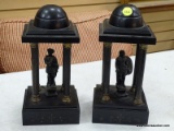 (TABLES) PAIR OF GREEK TEMPLE FIGURINES; 2 PIECE SET TO INCLUDE A WARRIOR FIGURINE IN A TEMPLE