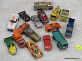 (TABLES) LOT OF ASSORTED TOY CARS; 15 PIECE LOT OF ASSORTED TOY CARS TO INCLUDE A GREYHOUND BUS, A