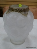 (TABLES) FROSTED GLASS ROSE VASE WITH AN ORNATE BRASS LAYERED RIM. MEASURES 9.75