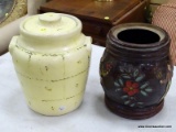 (TABLES) PAIR OF COOKIE JARS; 2 PIECE LOT TO INCLUDE A YELLOW PAINTED, LIDDED COOKIE JAR AND A BROWN