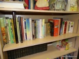 (SHELVES) SHELF LOT OF ASSORTED BOOKS; 50+ PIECE LOT OF ASSORTED BOOKS TO INCLUDE 2 COPIES OF 