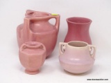 (RFRT) ART POTTERY VASES; 4 ART POTTERY VASES- 3 UNMARKED AND THE SMALL DOUBLE HANDLED PINKISH VASE