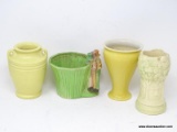 (RFRT) VASES; 4 ART POTTERY VASES; YELLOW DOUBLE HANDLED UNMARKED- 6 IN H, TREE MOTIF, MARKED OC- 9