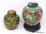 (RFRT) CLOISONNE LOT; 2 CLOISONNE GINGER JARS- 5.5 IN H AND WITH ROSEWOOD STAND- 8.5 IN H