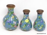 (RFRT) CLOISONNE LOT; 3 GRADUATED MATCHING VASES- 6.5 IN H - 5 IN H.