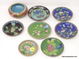 (RFRT) CLOISONNE LOT; 7 MISC.. SIZE MINT PLATES OR ASHTRAYS- 4.5 IN, 4 IN AND 3 IN DIA. AND ASHTRAY-