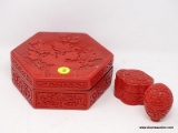 (RFRT) RED LACQUERED BOXES; 3 CARVED RED LACQUERED BOXES- OCTAGONAL SHAPED- 6 IN. DIA. X 2 IN H, 2-
