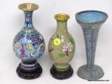 (RFRT) CLOISONNE LOT; 3 CLOISONNE VASES- 2 ON ROSEWOOD STANDS- SMALLEST 7.5 IN H AND TALLEST 5.5 IN