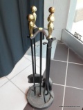(RFRT) FIREPLACE TOOLS; SET OF IRON AND BRASS FIREPLACE TOOLS WITH STAND- 30 IN H